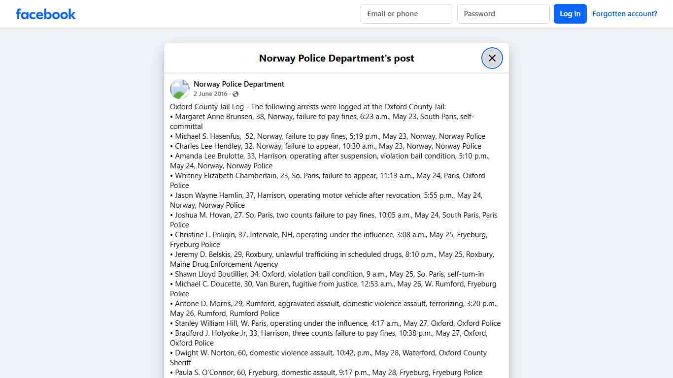 Oxford County Jail Log - The... - Norway Police Department | Facebook